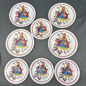 8pc Vintage Little Red Riding Hood Toy Plates Metal Litho 4 & 5 Inch
